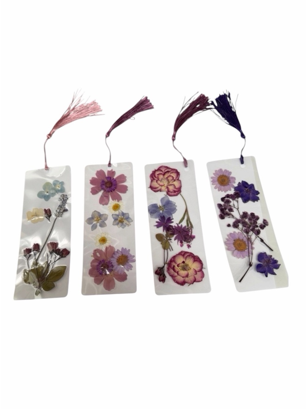 Handcrafted Pressed Flower Bookmarks; Pink, Mauve & Purple Tassels; Set Of 4